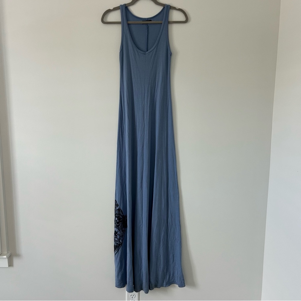 Lauren Moshi Blue Racerback Sleeveless Ribbed Maxi Dress Dolphin Skull Graphic M